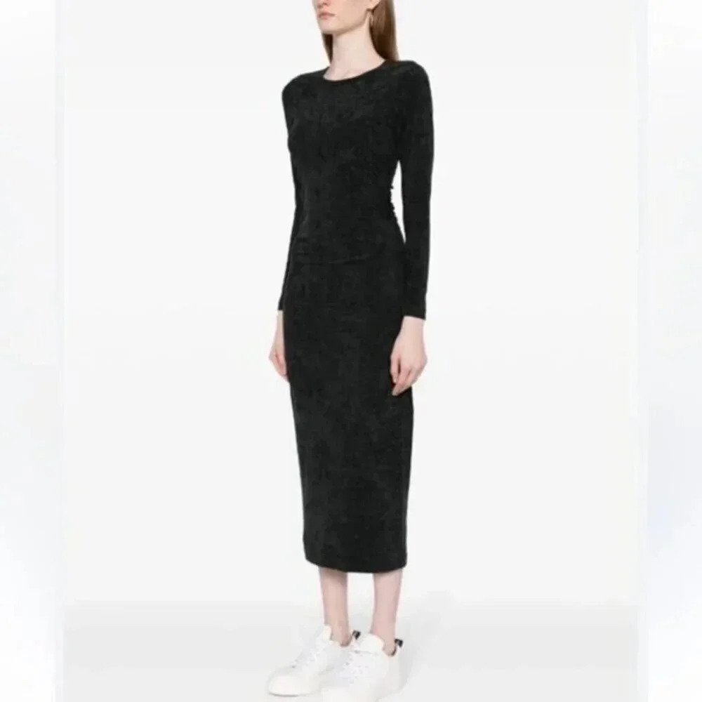 James Perse Green Ruched Velvet Long Sleeve Dress 0